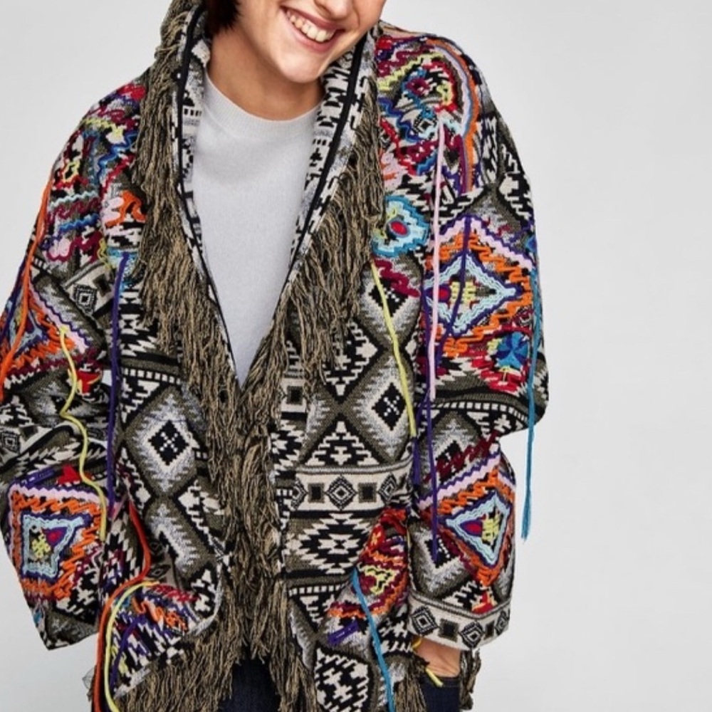 RARE ZARA KIMONO FRINGE TRIBAL AZTEC EMBROIDERY BLAZER COAT JACKET SIZE XS